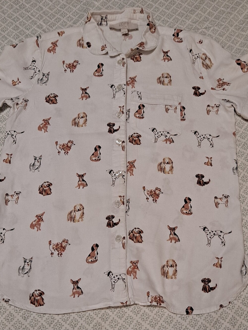 LOFT Cream Button-Up Shirt with Multicolor Dog Print Sz XXSP